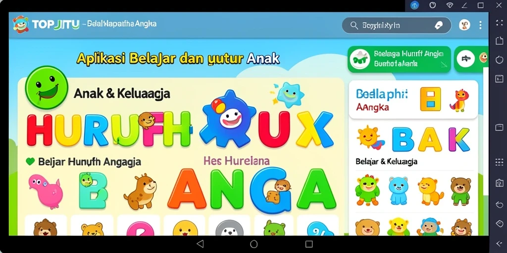 Tampilan antarmuka menarik dari aplikasi TOPJITU untuk belajar huruf dan angka.